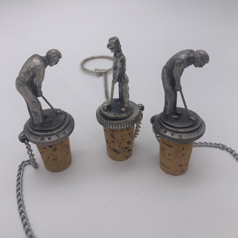 Signed WTU Handcrafted Solid Pewter Wine Cork Stoppers With Ring Chain Golfers